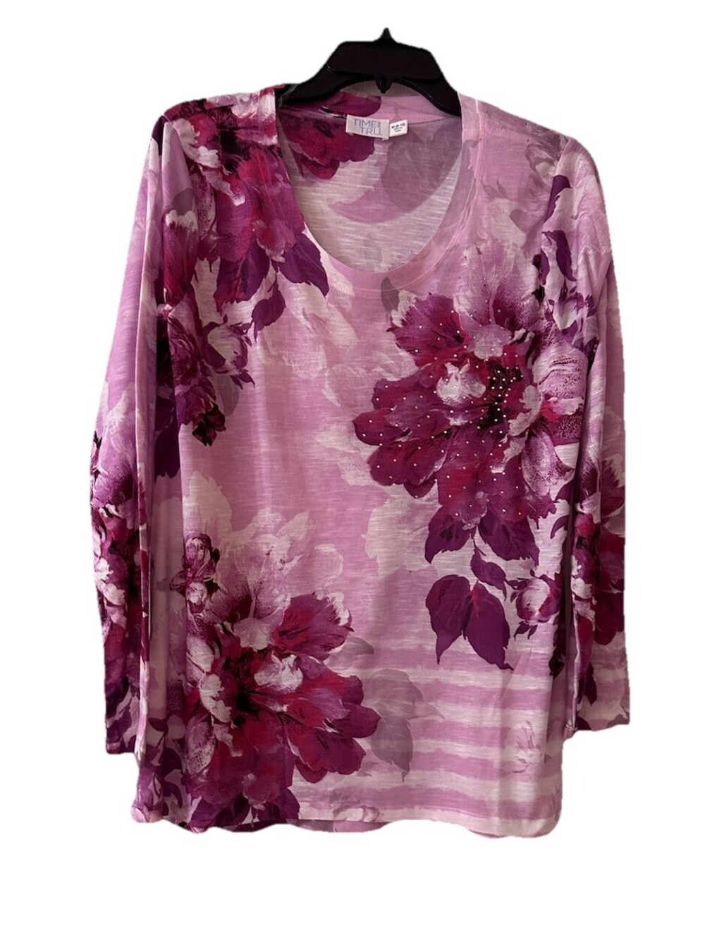 Time & Tru Pink/Purple Floral/Striped Top Womens M 8-10 NWT With Rhinestone